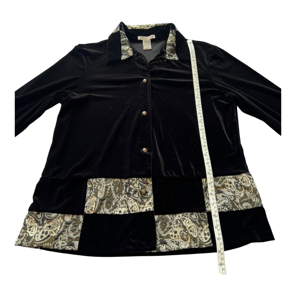 VINTAGE NOTATIONS Velvet Brocade Patchwork Button-Up Top | L | Black Gold | 90s - Picture 7 of 12